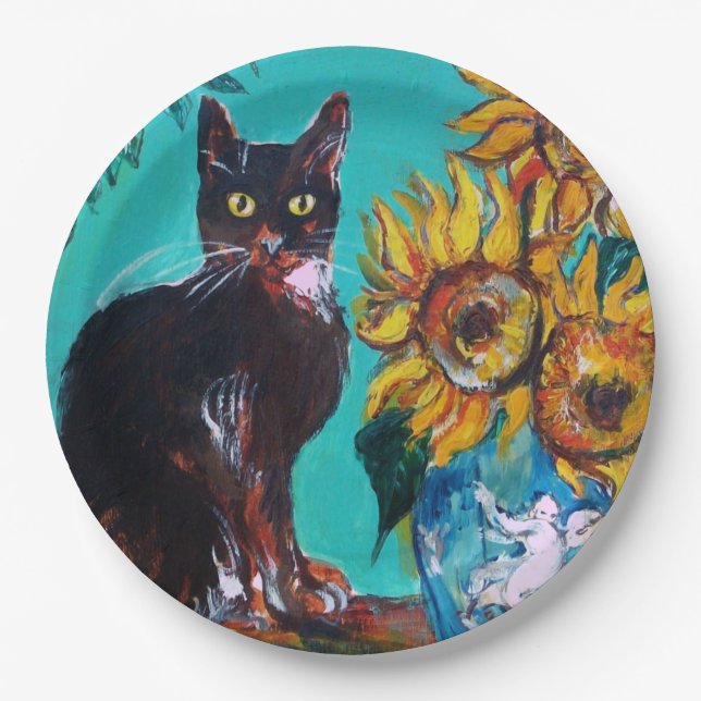 ASSIETTES EN CARTON TOURNESOLS AVEC CHAT NOIR EN TURQUOISE BLEU  (Devant)