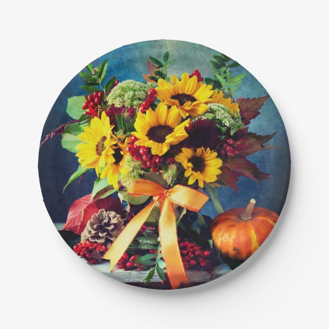 Assiettes En Carton Tournesols d'automne et cou, plaque de papier rond (Devant)