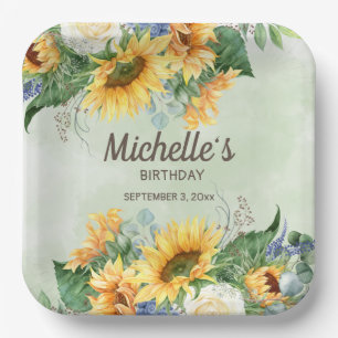 Assiettes En Carton Tournesols Jaunes Eucalyptus Vert Anniversaire