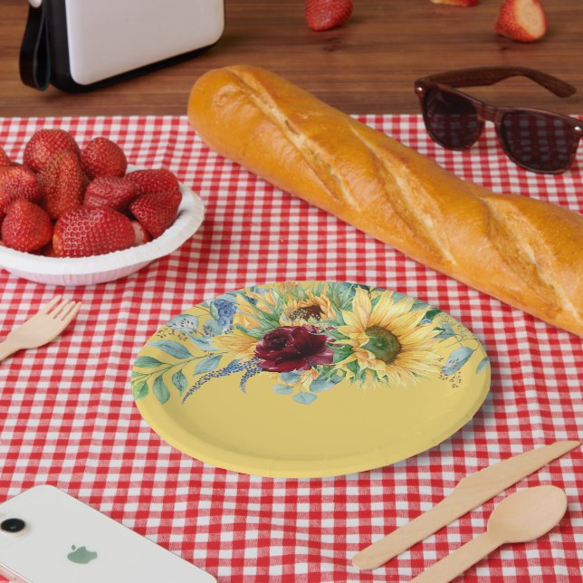 Assiettes En Carton Tournesols rustiques et roses florales jaunes (Pique-nique)