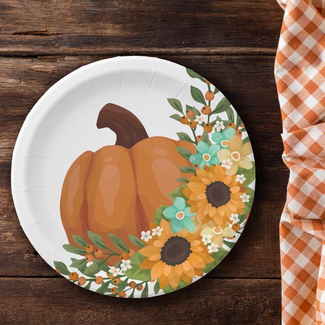 Assiettes En Carton Tournures de soleil charmantes et citrouille orang (Créateur téléchargé)