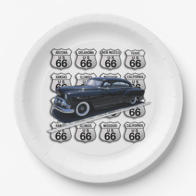 Assiettes En Carton Tous les panneaux de la Route 66 avec une voiture  (Devant)