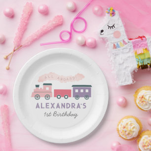 Assiettes En Carton Tout à bord Train à vapeur rose fille Anniversaire