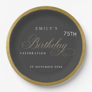 ASSIETTES EN CARTON TOUT ANNIVERSAIRE NOIR SIMPLE DE TYPOGRAPHIE D'OR