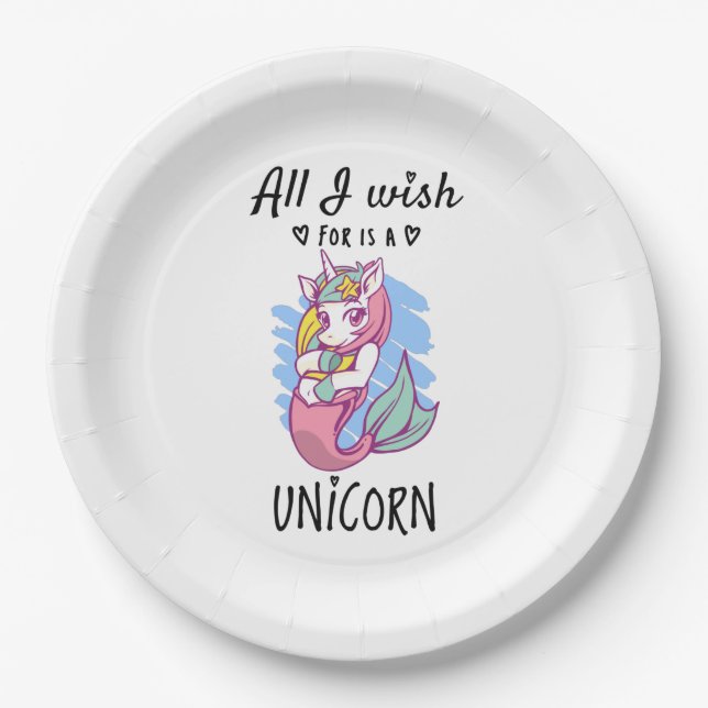 Assiettes En Carton Tout ce que je souhaite est une licorne (Devant)