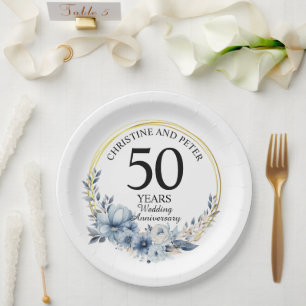 Assiettes En Carton Tout Mariage (50) Élégant Anniversaire Floral Bleu