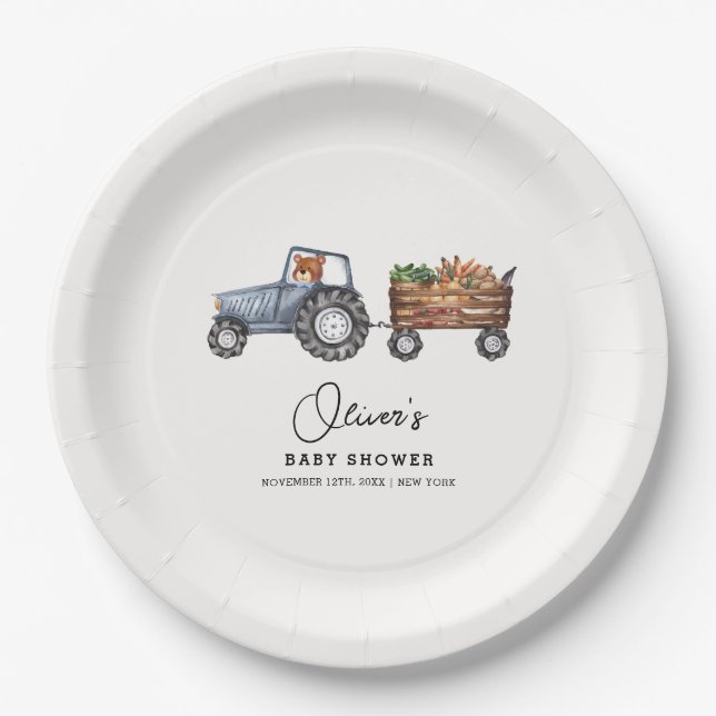 Assiettes En Carton Tracteur agricole rustique Baby shower d'ours en p (Devant)
