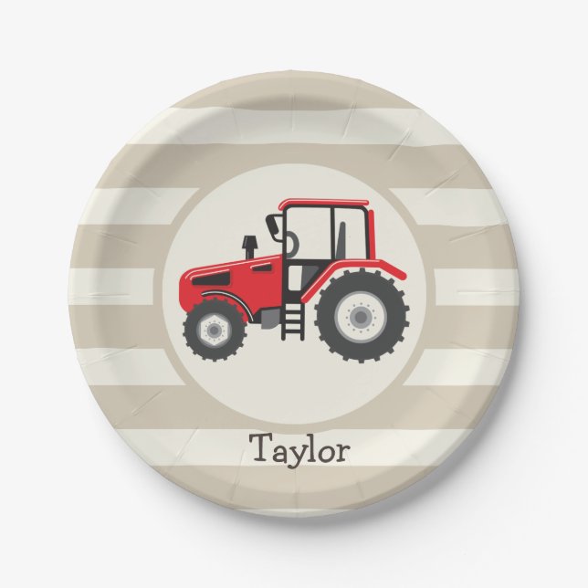Assiettes En Carton Tracteur Red Farm sur Tan Stripes (Devant)