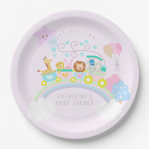 Assiettes En Carton Train Animaux Pastel Bébé rose