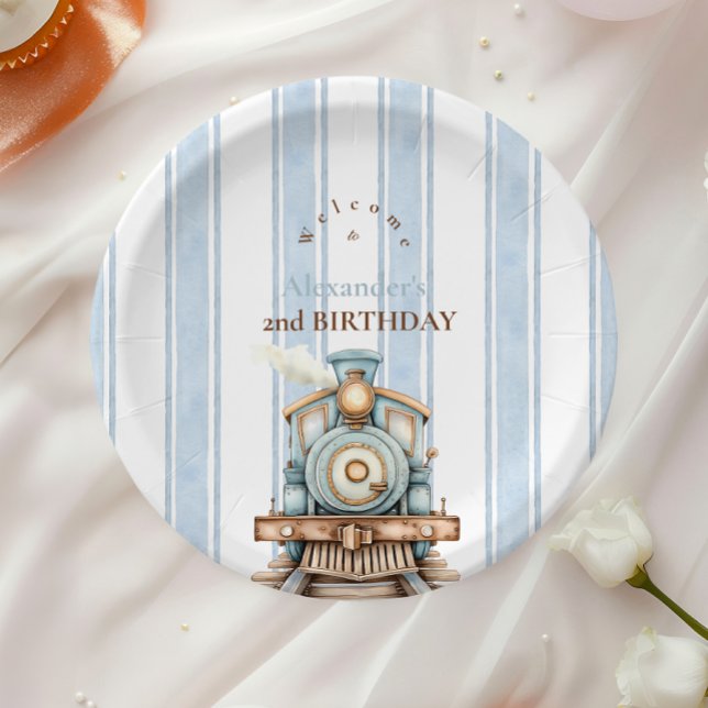Assiettes En Carton Train bleu vintage 2e anniversaire (Créateur téléchargé)
