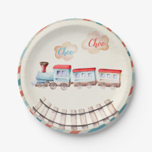 Assiettes En Carton Train Vintage Chugga Choo Red Blue Boy Anniversair