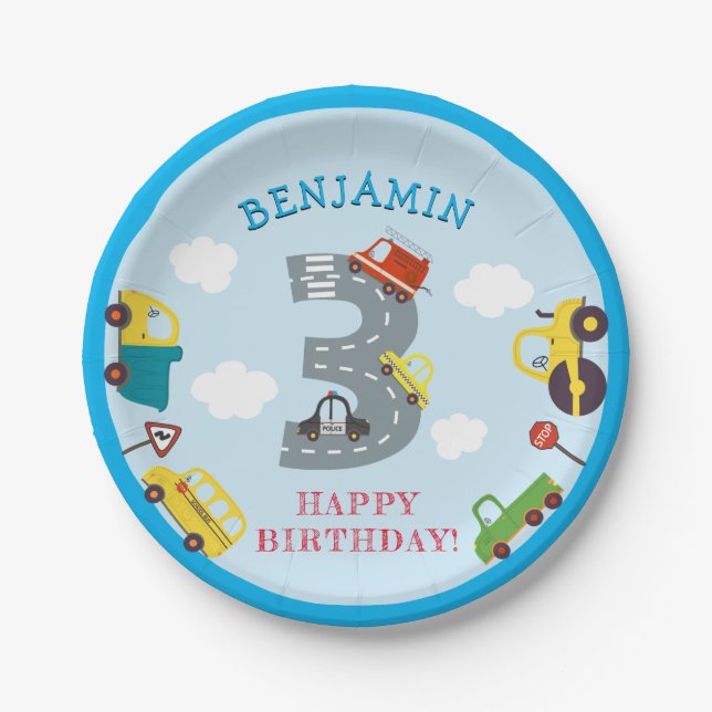 Assiettes En Carton Transport 3e anniversaire Papier Plaque (Devant)