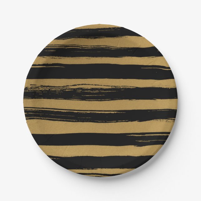 Assiettes En Carton Trendy Black & Gold Striped (Devant)