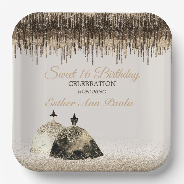 Assiettes En Carton Trendy Gold Ball Gown Sweet 16 Birthday Spark Drip (Recto)