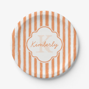 Assiettes En Carton Trendy Orange Peint Stripes Monogramme et nom