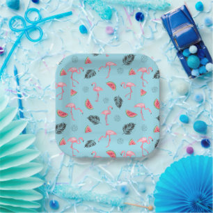 Assiettes En Carton Trendy Tropical Flamingo & Watermelon Pattern