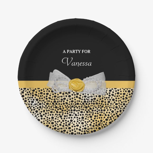Assiettes En Carton Trendy Yellow Cheetah Imprimer Fancy Bow Nom de la (Devant)
