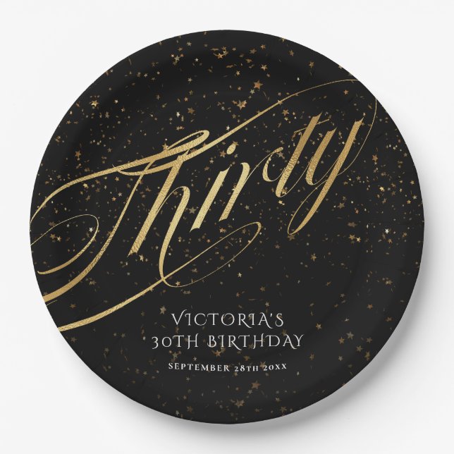 Assiettes En Carton Trente-30e anniversaire Gold Noir Confetti élégant (Devant)