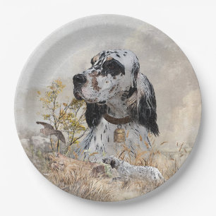 Assiettes En Carton Tri Couleur Anglais Setter Art, chasse en bois
