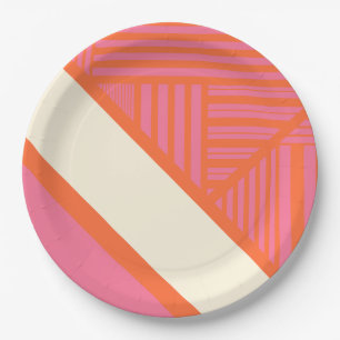 Assiettes En Carton Triangle rayures en rose, orange et crème