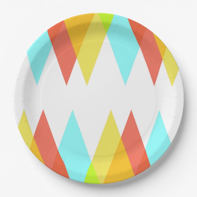 Assiettes En Carton Triangles jaunes, rouges et bleus cadets (Devant)