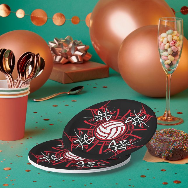 Assiettes En Carton Tribal de volleyball Mandala Sports rouges et noir (Créateur téléchargé)