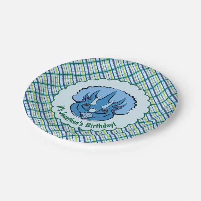 Assiettes En Carton Tricératops Cute Blue Dinosaur sur Plaid (Angle)