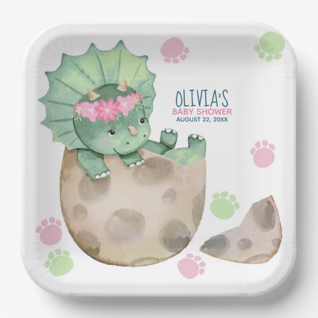 Assiettes En Carton Tricératops Dinosaur Baby shower fille (Recto)