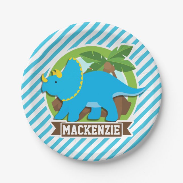 Assiettes En Carton Tricératops Dinosaur ; Grandes Bleues Et Blances C (Devant)