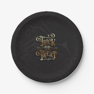 Assiettes En Carton Trick or Treat Crânes Soirée Halloween Noir et Or
