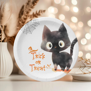Assiettes En Carton Tricoter ou traiter Chat noir mignon Fête d'Hallow