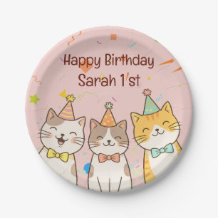 Assiettes En Carton Trio Adorable de Chats d'Anniversaire Nom & Âge