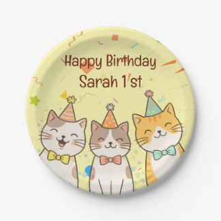 Assiettes En Carton Trio Adorable de Chats d'Anniversaire | Nom et Âge