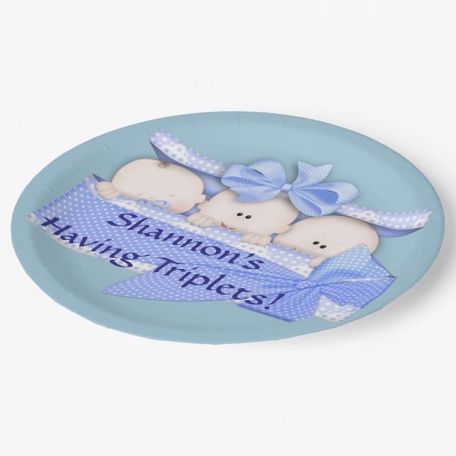 Assiettes En Carton Triplet Blue Boy Baby shower Plaques papier (Angle)