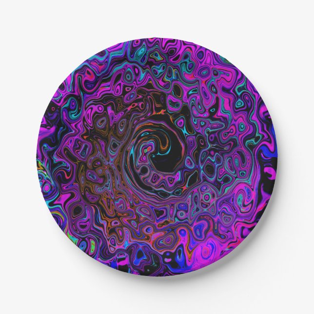 Assiettes En Carton Trippy Black et Magenta Retro Liquid Swirl (Devant)