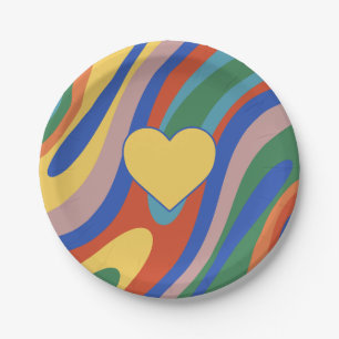 Assiettes En Carton Trippy Coeur coloré Retro Pop Abstrait Motif