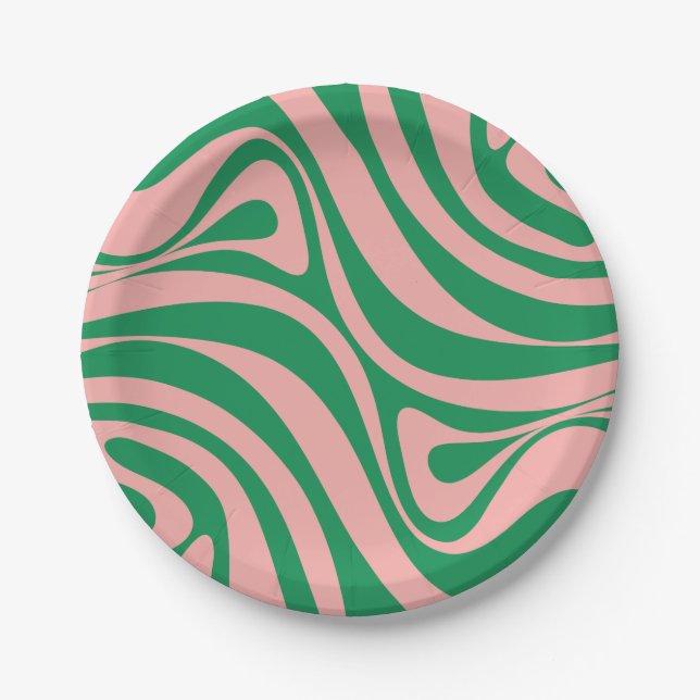 Assiettes En Carton Trippy Retro Abstrait Swirl rose et Motif vert (Devant)