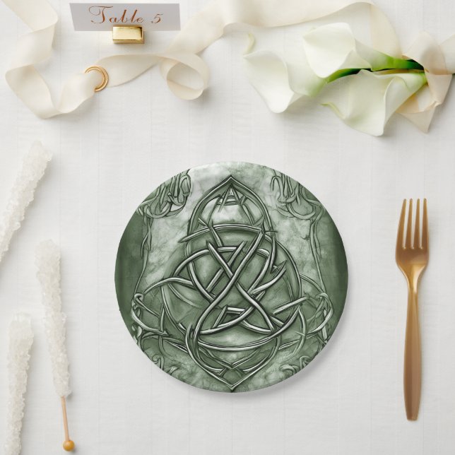 Assiettes En Carton Triquetra Trinity Sage de noeud Vert Faux Metallic (Mariage)