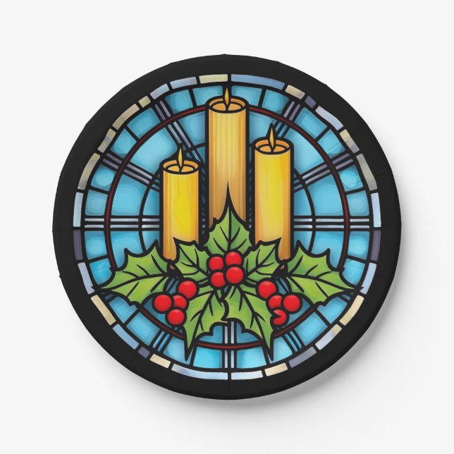 Assiettes En Carton Trois bougies avec verre de Noël aux houx teinté  (Devant)