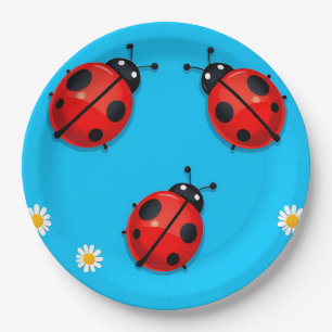 Assiettes En Carton Trois coccinelles colorées sur fond bleu