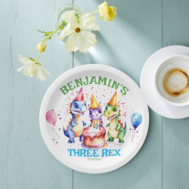Assiettes En Carton Trois rex jolie dinosaures anniversaire vaisselle (Three rex cute dinosaurs birthday party personalized tableware printed paper plates)