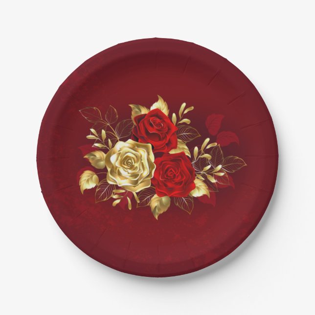 Assiettes En Carton Trois Roses de bijoux (Devant)