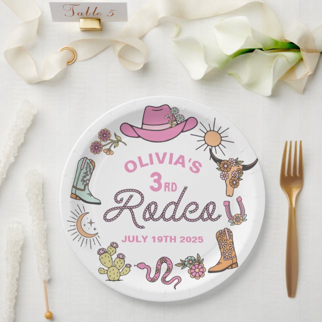 Assiettes En Carton Troisième Rodéo Rose Western Cowboy 3e anniversair (Mariage)