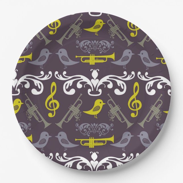 Assiettes En Carton Trompettes et oiseaux (Devant)