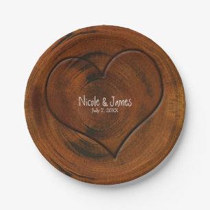 Assiettes En Carton Tronc d'arbre en bois avec cœur sculpté Mariage ru