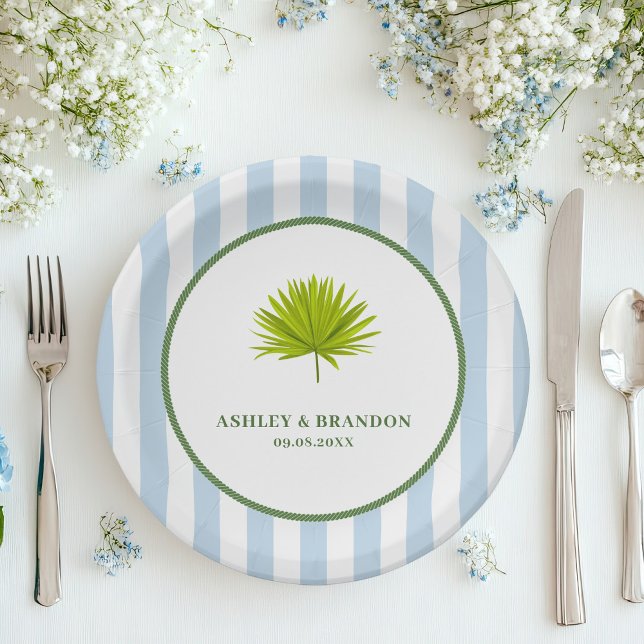 Assiettes En Carton Tropical Blue Cabana Stripe Coastal Retro Wedding (Créateur téléchargé)
