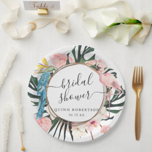 Assiettes En Carton Tropical Chic Flamant Rose Floral Fête de Mariage