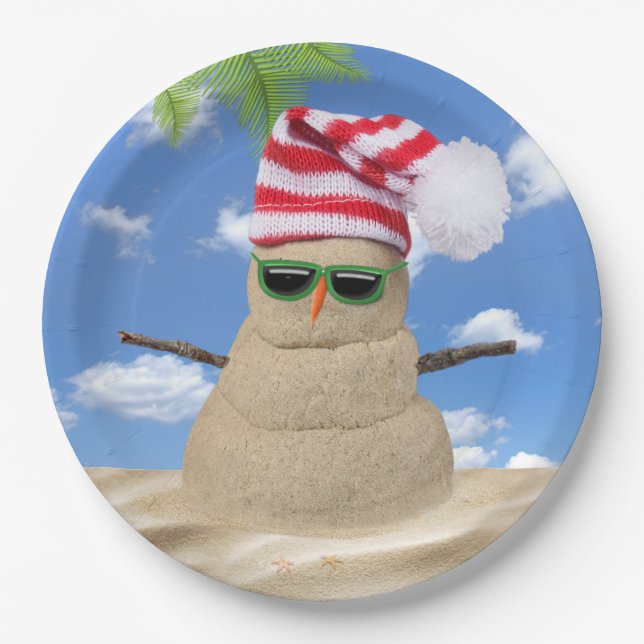 Assiettes En Carton Tropical Christmas Sand Snowman (Devant)