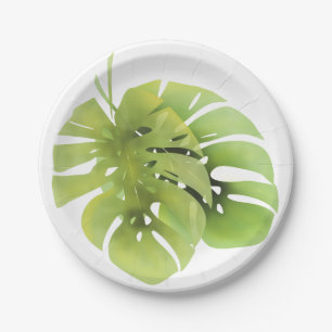 Assiettes En Carton Tropical exotic green monstera leaves watercolor e