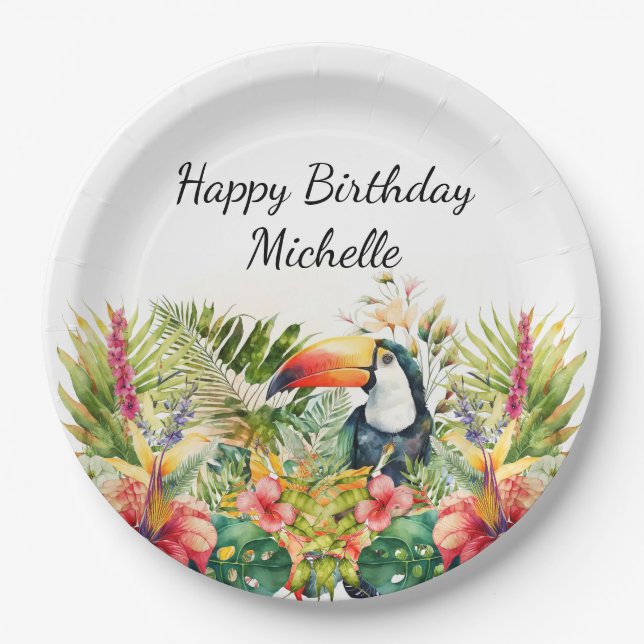 Assiettes En Carton Tropical Floral Toucan Joyeux Anniversaire Nom (Devant)